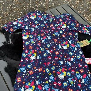 LuLaRoe Floral Blue SS Midi Dress Geometric Designs Triangles Circles Flowers XL